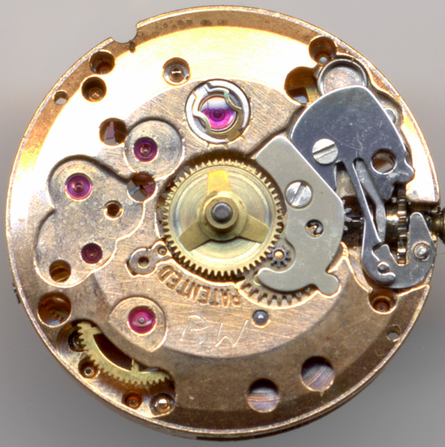 ETA 2412 / Dugena 1201: dial side of the 17j red gold version