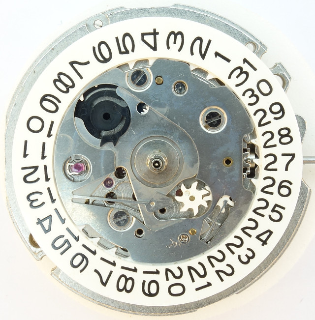 Seiko 7S26A: calendar mechanism without weekday disc