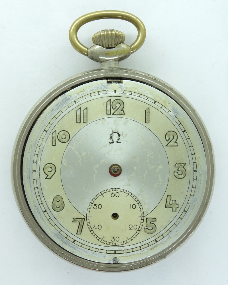 unmarked pocket watch with Omega symbol